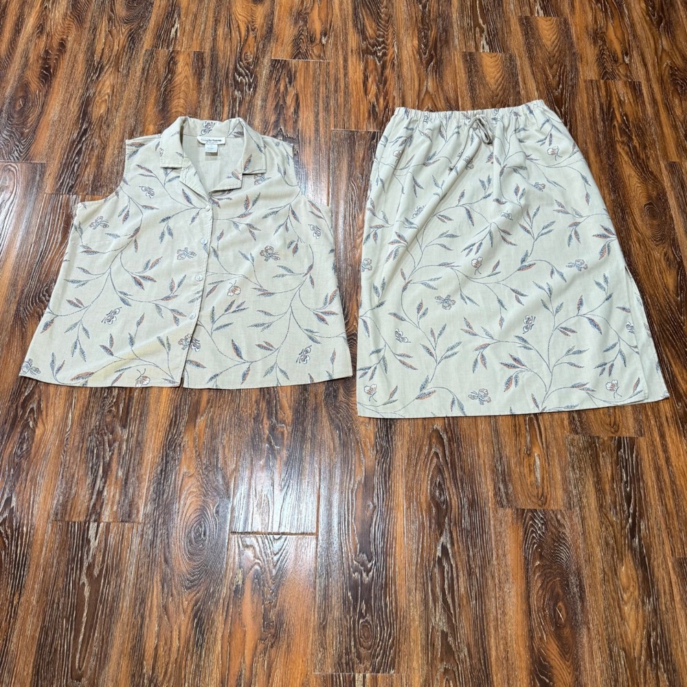 Linen Blend Women 1X Two Piece Set Embroidered Top Skirt Beige Simply Susan